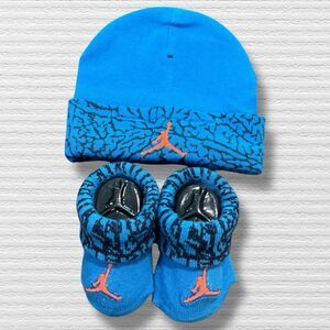 Nike Jordan Baby Hat & Booties Set 0-6M Blue Elephant Print Orange Jumpman